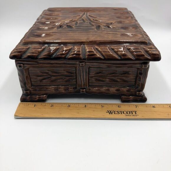 Vintage Mid Century 1970s Pottery Ceramic Brown Square Box With Lid Wood Look - Picture 13 of 13